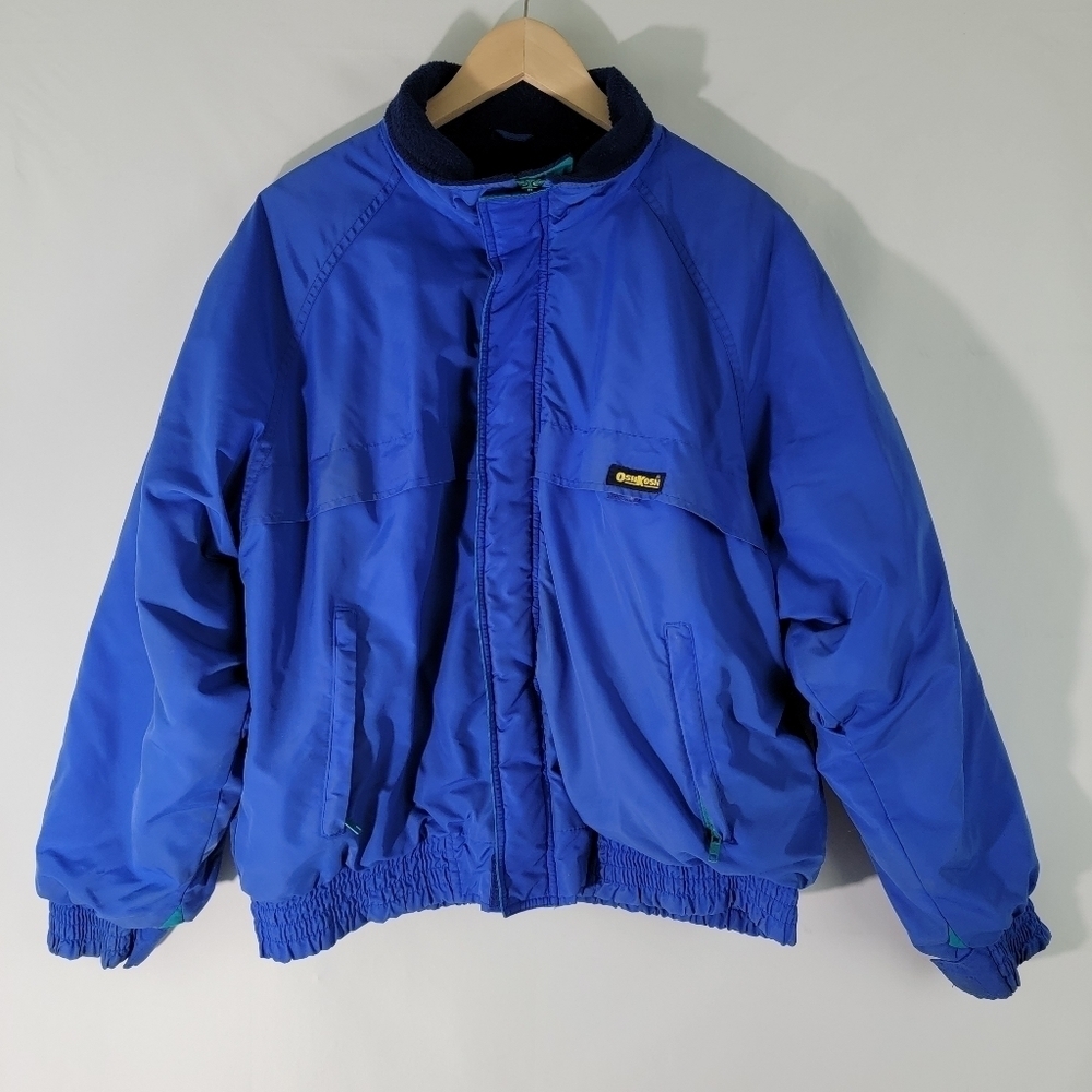 VTG OSHKOSH B'GOSH Unisex Blue Nylon Full-Zip Bomber Jacket Sz L Fleece Lining